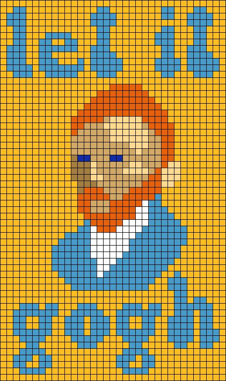 a pixellated image of a man with an orange beard and blue shirt, in front of a yellow background