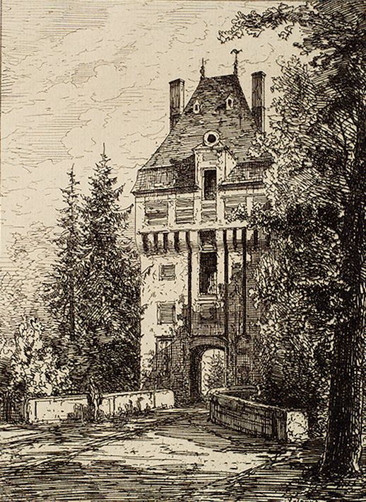 an old drawing of a house in the woods