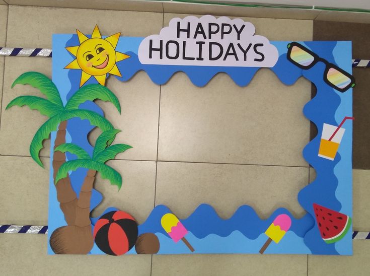 a bulletin board with the words happy holidays written on it and beach scenes cut out