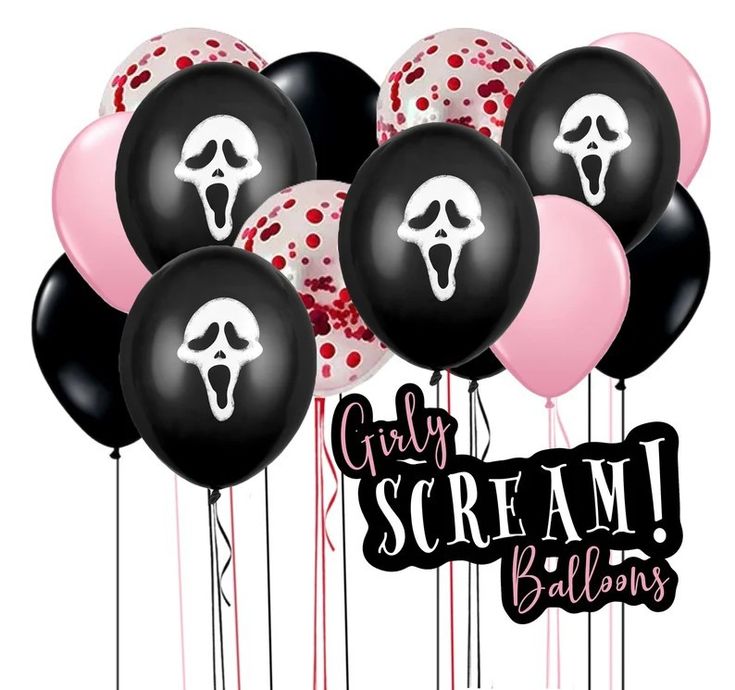 a bunch of black and pink balloons with white faces on them that say guy scream baloons