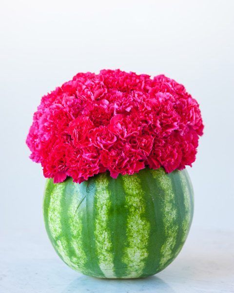 a watermelon with pink carnations in it