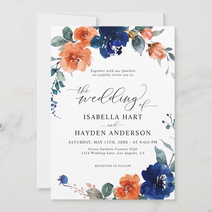 Navy Burnt Orange Floral Rust Orange Boho Wedding Invitation  Zazzle Blue And Orange Wedding Theme, Orange Boho Wedding, Indigo Wedding, Orange Weddings, Orange Invitation, Orange Wedding Themes, Dark Blue Wedding, Orange Wedding Invitations, Elegant Floral Wedding