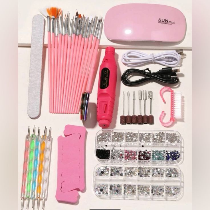 Brand New Sealed In Box 28 Pcs Nail Starter Kit . Includes Nail Drill , Tid Bit Pcs , File , Nail Art Brushes , 2 Cases Of Rhinestone , Portable Gel Uv Nail Lamp Starter Kit For Acrylic Nails, Accessories Illustration, Nail Salon Design, Drill Machine, Nail Drill Machine, Gel Nail Kit, Nail Art Set, Uv Nails, Manicure Kit