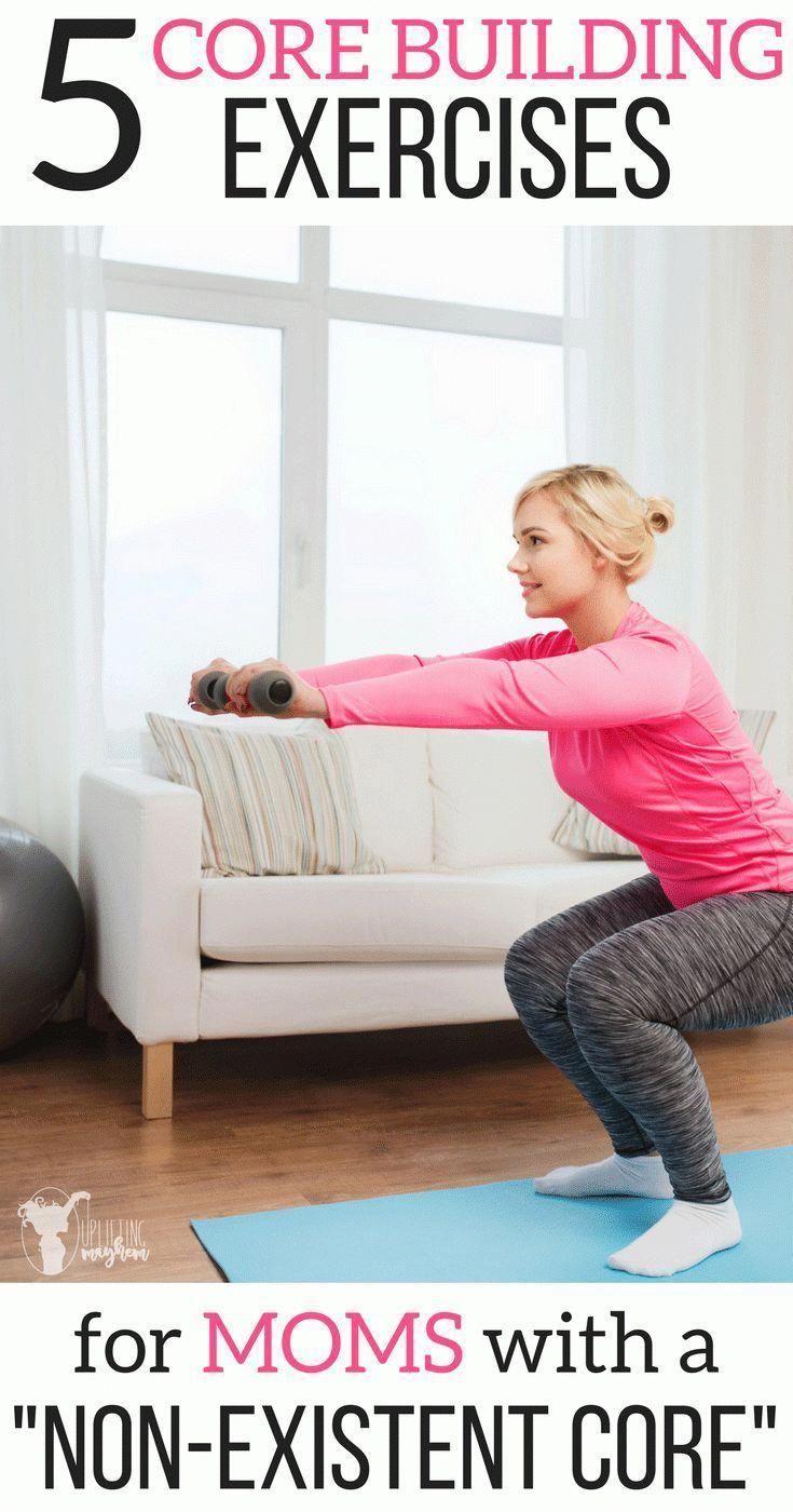 a woman doing exercises on a yoga mat with the text 5 core building exercises for moms with a non - existent core