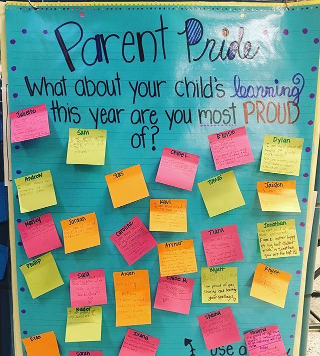 a bulletin board with sticky notes attached to it that reads parent pride what about your child's learning this year are you most proud of?