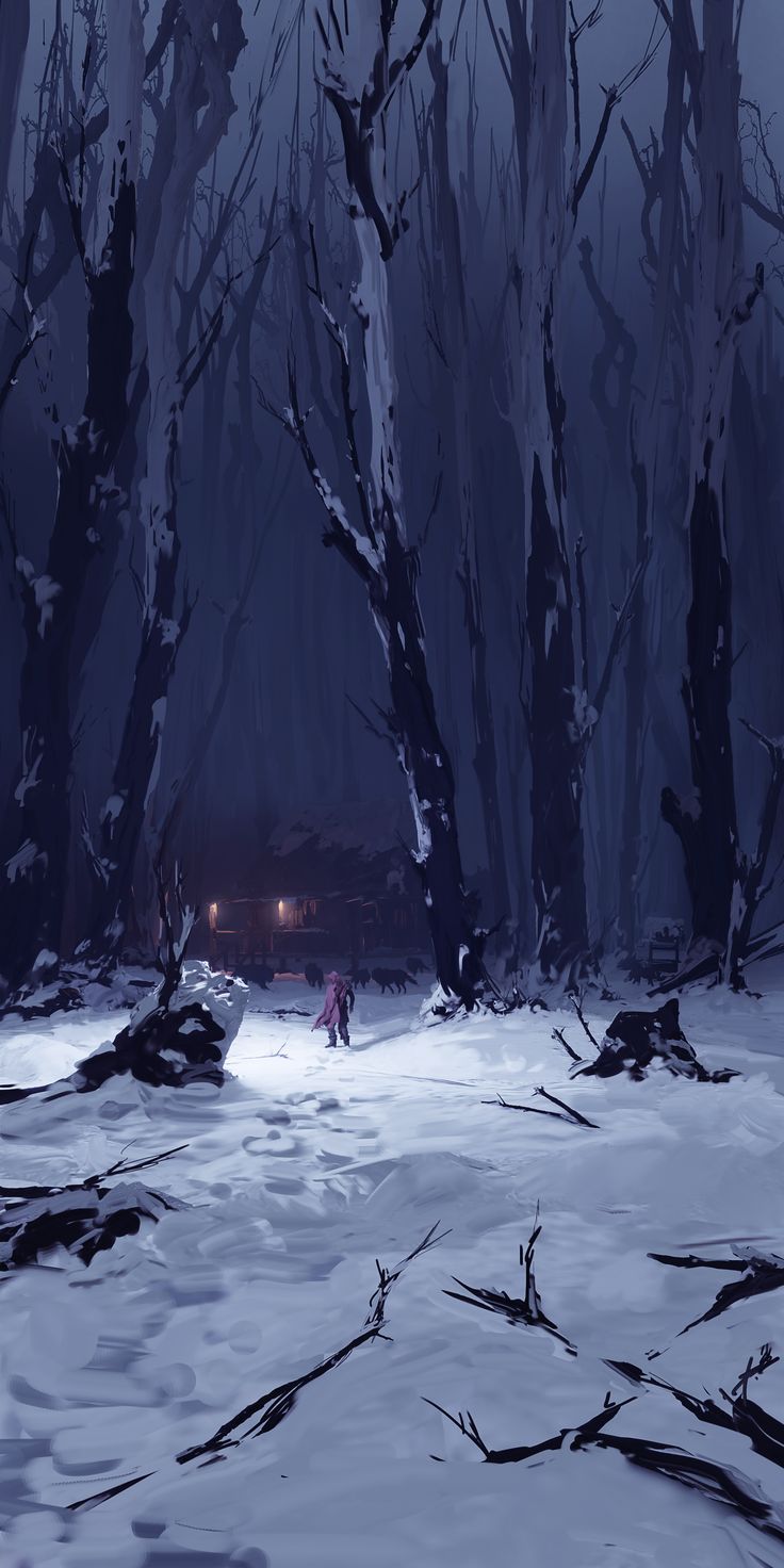 a person standing in the middle of a snow covered forest at night with headlights on