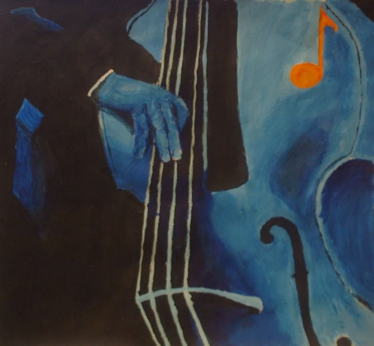 a painting of a man holding a blue instrument with a musical note on it's back