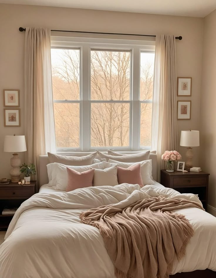 a large bed sitting under a window in a bedroom