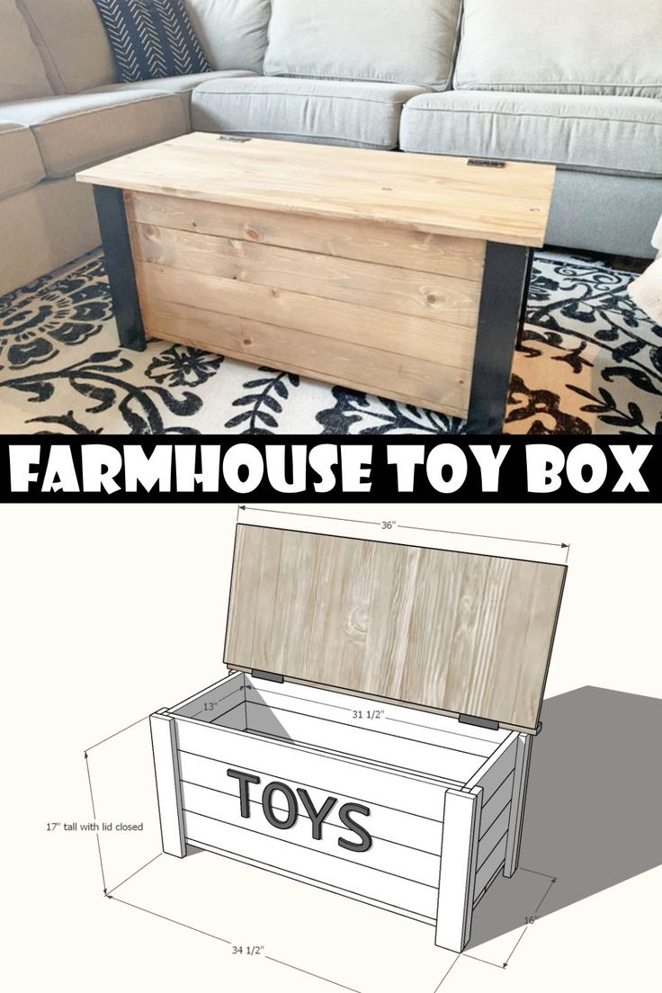 a toy box sitting on top of a rug next to a couch with the words farmhouse toy box below it