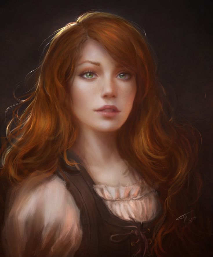 a painting of a woman with red hair and blue eyes, wearing a brown vest