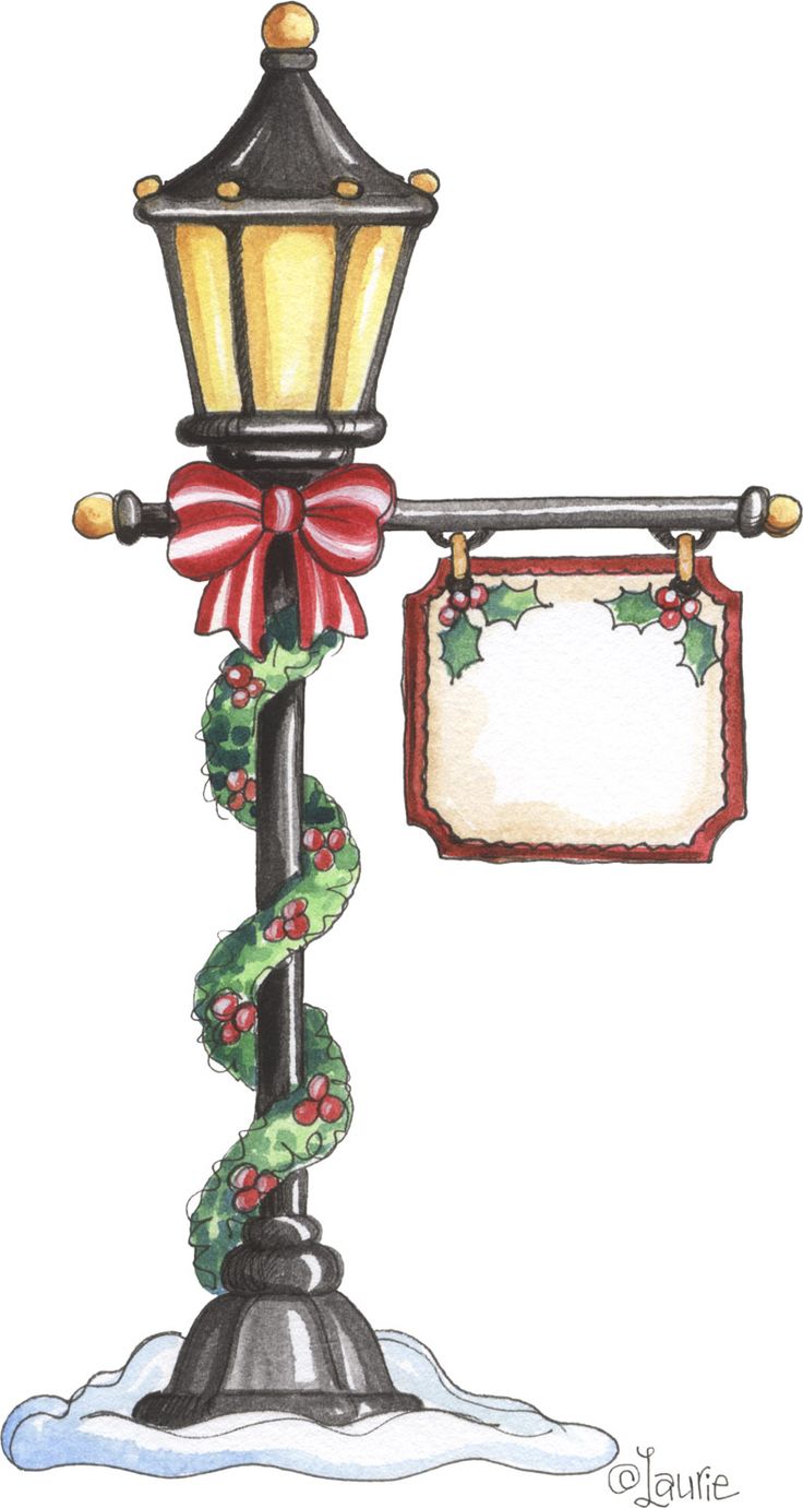 a street light with a christmas wreath on it and a sign hanging from the pole