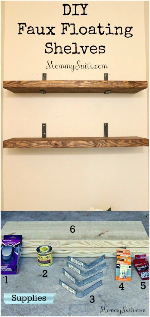 two wooden shelves with different types of paint on them and labeled diy faux floating shelves