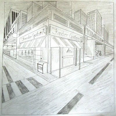 a pencil drawing of a building on the side of a road with buildings in the background