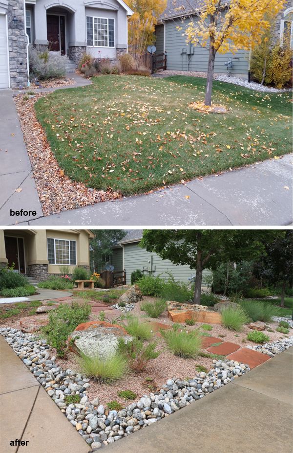 before and after pictures of a front yard landscaping project in the fall or early spring