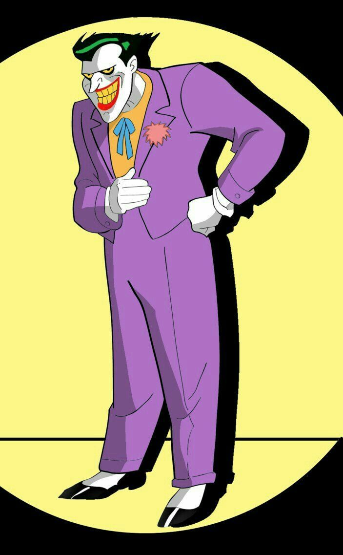 the joker is standing with his hands on his hips and wearing a purple suit, white shoes