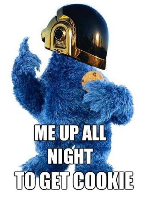 a blue cookie monster wearing a helmet with the words me up all night to get cookie