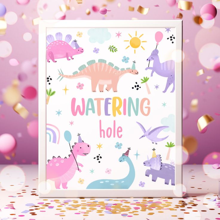 a greeting card with pink and purple dinosaurs on it, surrounded by confetti