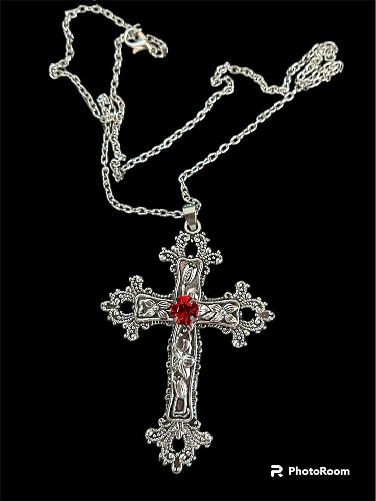 XL ornate cross necklace Tibetan silver with either a Red or a blue coloured stone  lobster clasp fastening  Chain length 18in (50cm) Cross length 4in  (75mm) Silver Ankh Gothic Necklace, Gothic Silver Pendant Cross Necklace, Gothic Metal Cross Necklaces, Red Gothic Cross Necklace, Gothic Silver Crucifix Necklace, Silver Gothic Crucifix Necklace, Silver Gothic Cross Pendant Necklace, Gothic Silver Cross Necklace, Ornate Cross