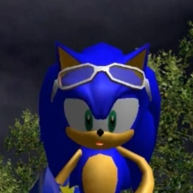 sonic the hedgehog wearing goggles and holding a star in front of some trees