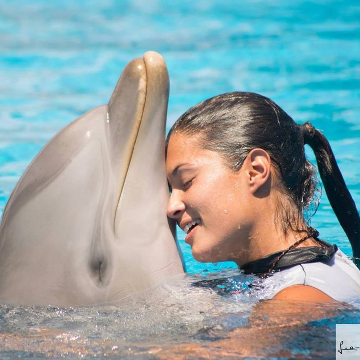 a woman in the water with a dolphin