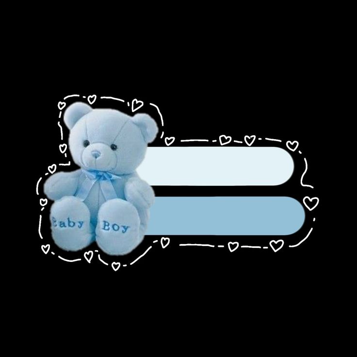 a blue teddy bear sitting in front of a black background with hearts and the words baby boy on it