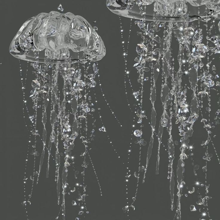 two clear jellyfishs floating in the water with crystal beads hanging from it's sides