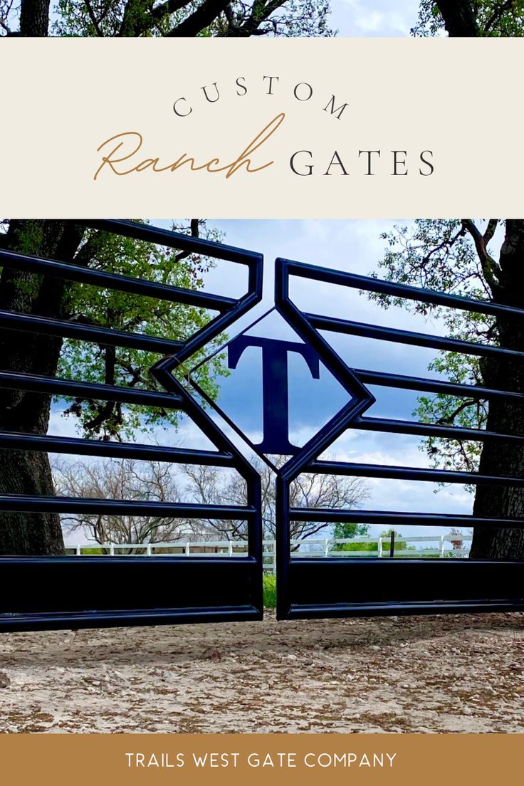 a gate with an arrow pointing to the right and text that reads custom ranch gates trails west gate company