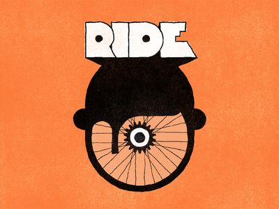 an orange poster with a man's head on top of a bicycle wheel and the words ride above it