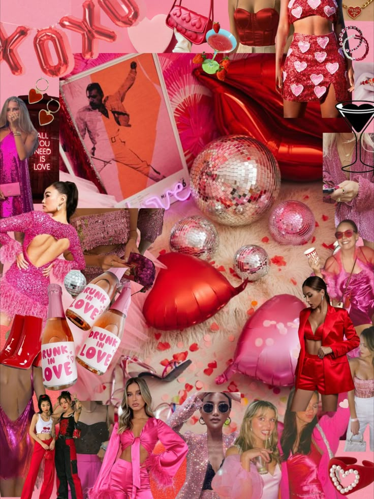 the collage is full of pink and red fashion items, including balloons, hearts, hats, dresses, and other accessories