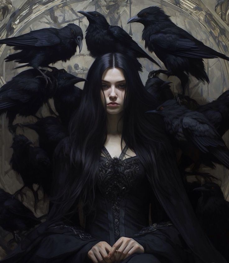 a woman with long black hair surrounded by crows