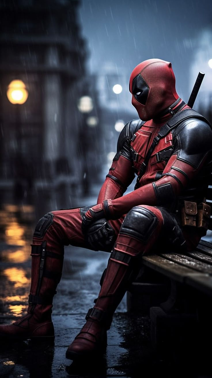 a deadpool sitting on a bench in the rain wearing red and black leathers