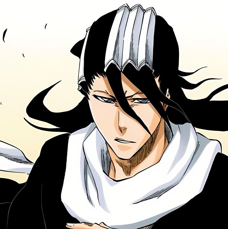 an anime character with long black hair and white scarf on his head looking at the camera