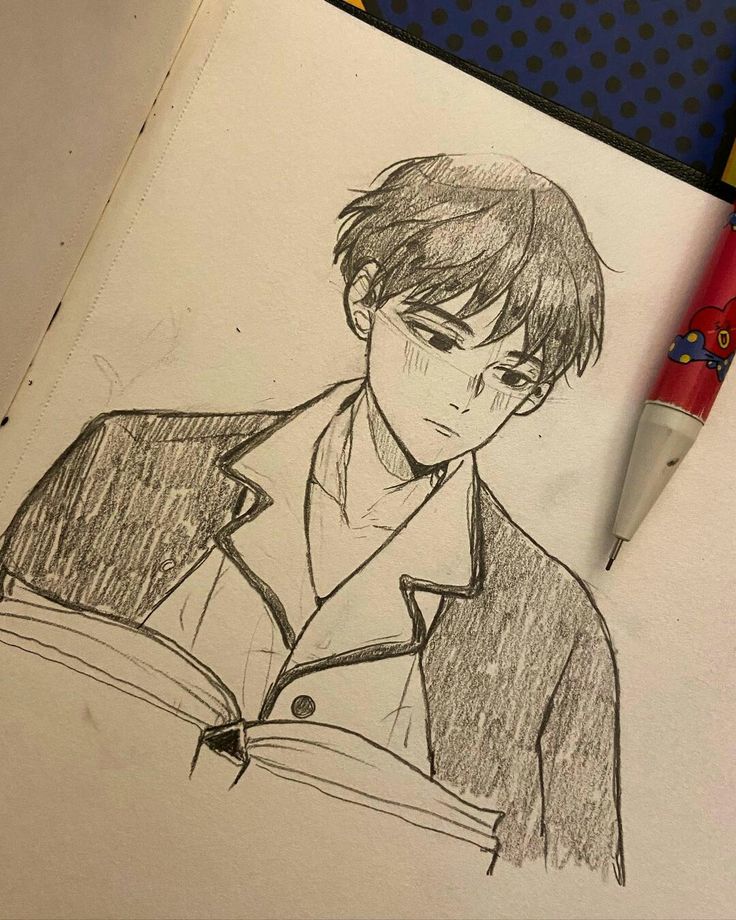 a pencil drawing of a boy reading a book with a pen on the table next to him