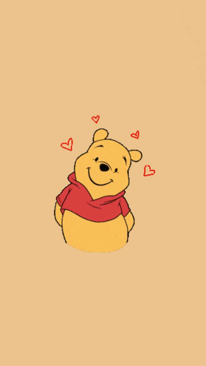 a winnie the pooh wallpaper with hearts on it's back and an orange background