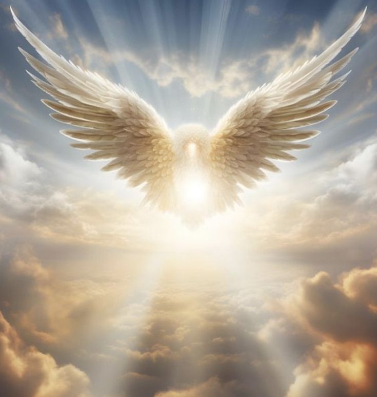 an angel in the sky with its wings spread wide open to reveal light and clouds