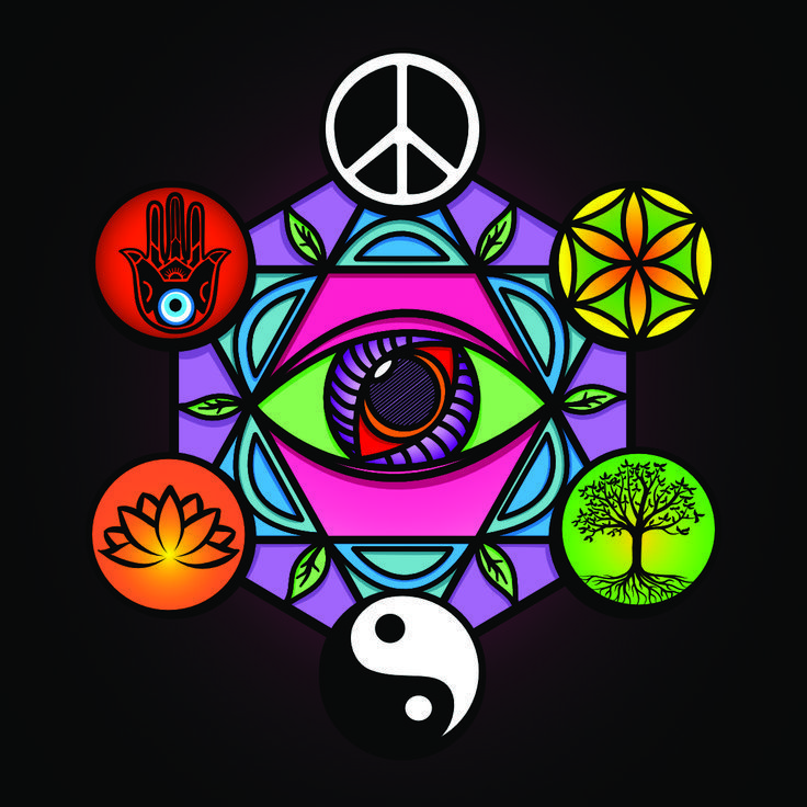 an eye surrounded by various symbols on a black background with the peace symbol in the center