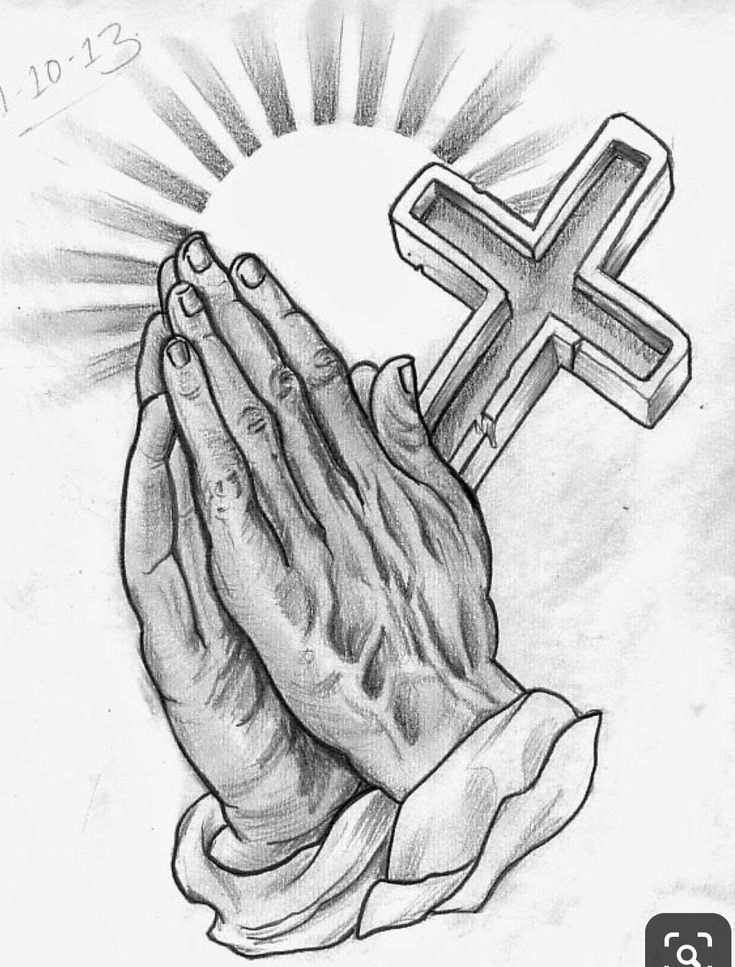 a drawing of hands holding a cross