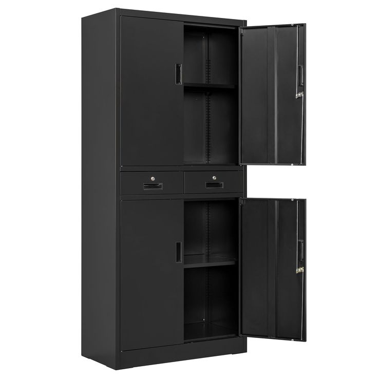 an empty black cabinet with two doors open