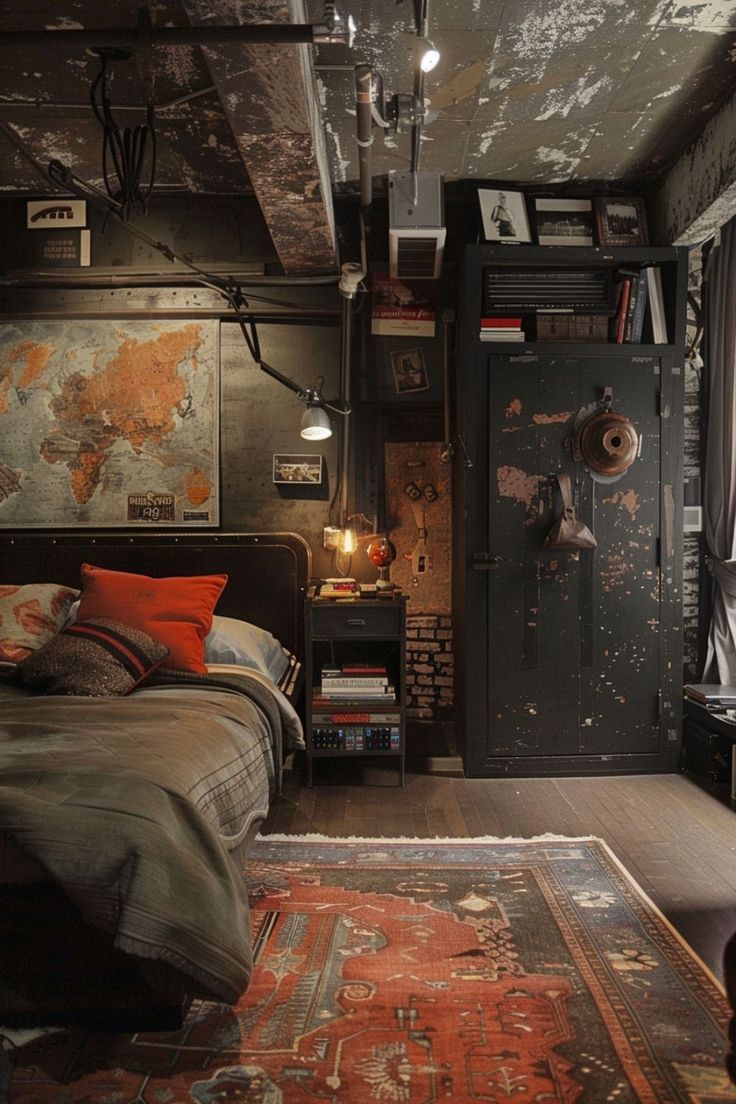 a bedroom with a map on the wall next to a bed and a rug in front of it