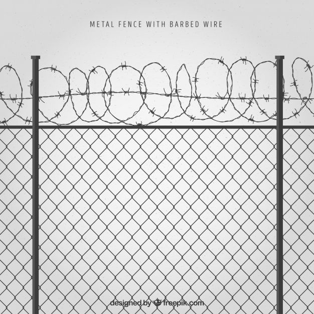 a black and white photo of a fence with razors on it that says, metal fences are wire