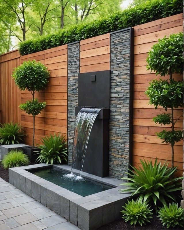 a water fountain in the middle of a garden with trees and plants around it, surrounded by wooden fence