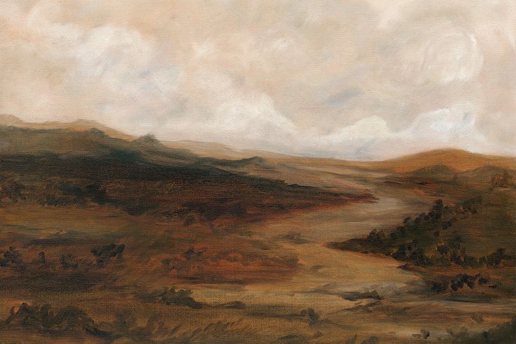 an oil painting of a landscape with hills and trees