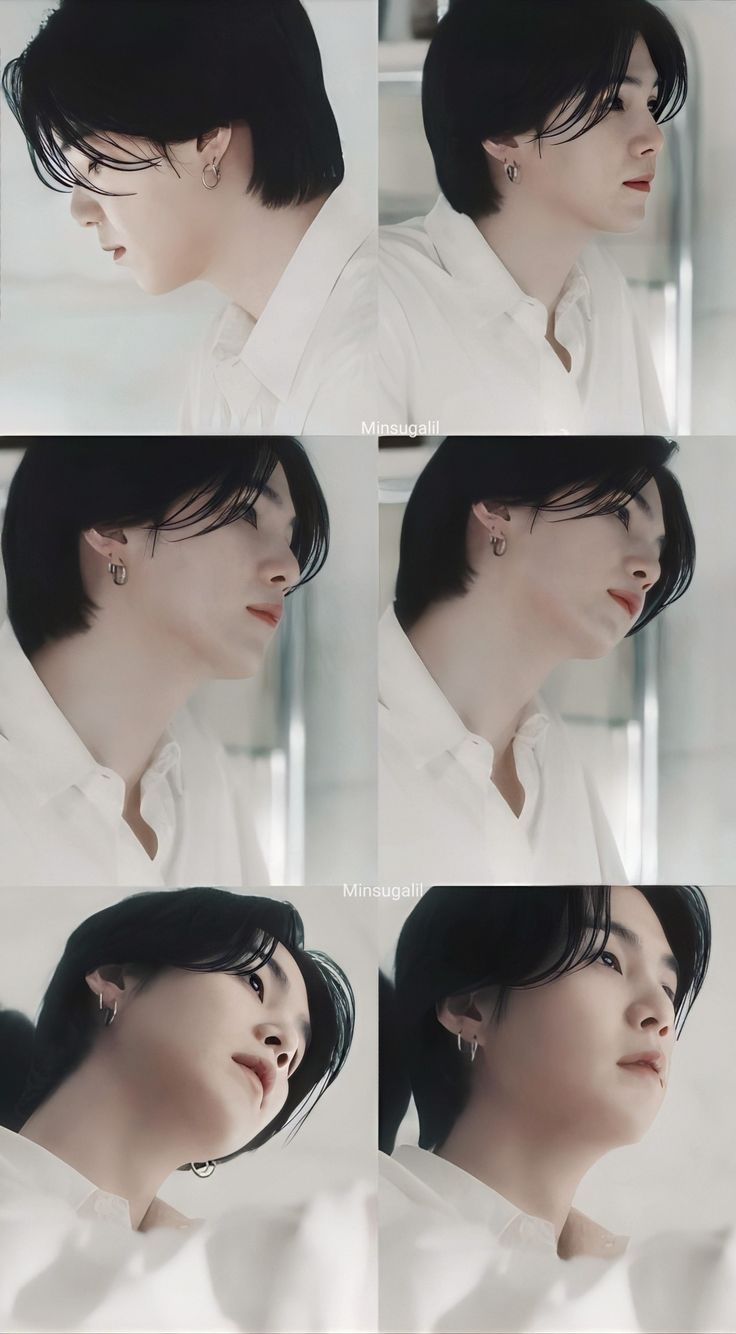 multiple shots of a woman with black hair and earrings on her head, wearing white shirt