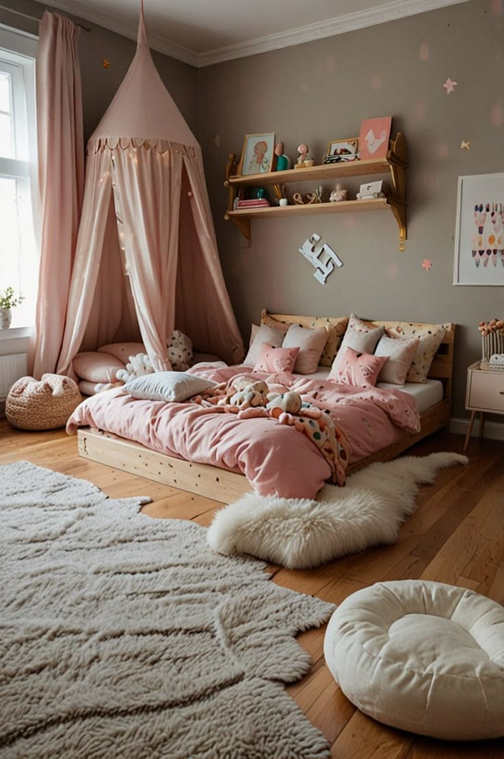 a bedroom with pink bedding and white rugs