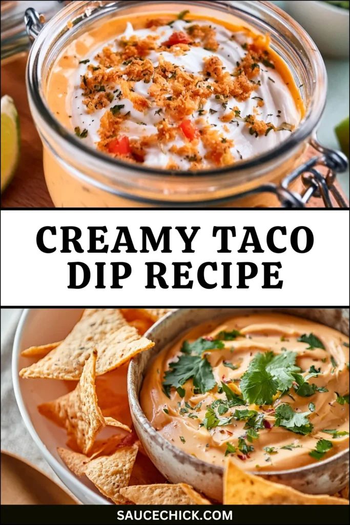 creamy taco dip recipe in a bowl with tortilla chips