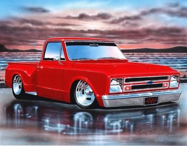 a painting of a red pickup truck parked in front of a body of water at sunset