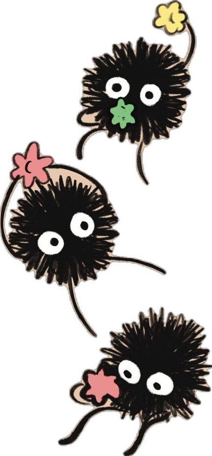 three black and white stickers with eyes, one has pink bows on its head