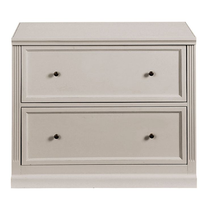 a white dresser with two drawers on each side and one drawer open to show the bottom