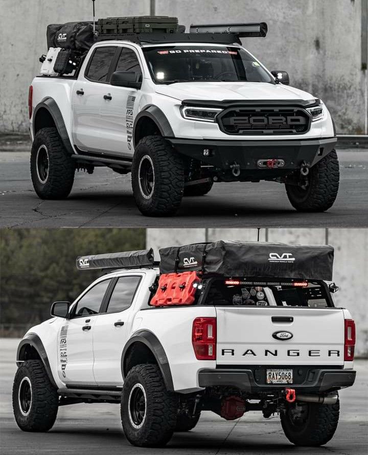 two pictures of a white pick up truck