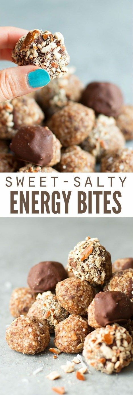 chocolate covered energy bites are stacked on top of each other with the words, sweet salty energy bites